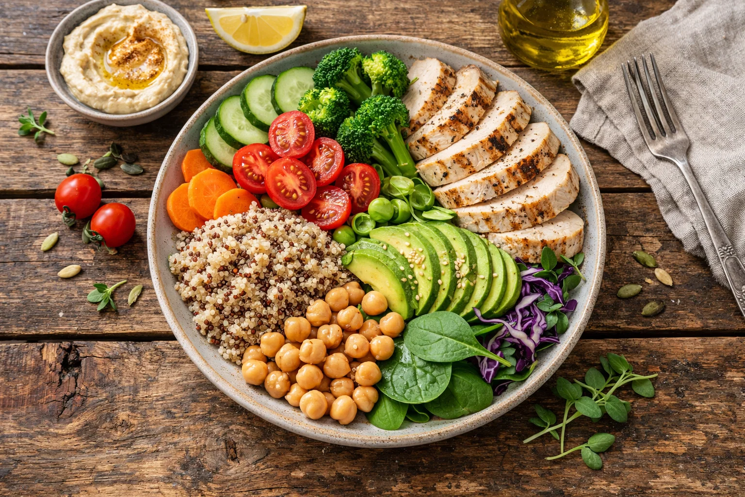 healthy balanced meal with fresh vegetables, whole grains, and lean protein on rustic wooden table, natural daylight, top view