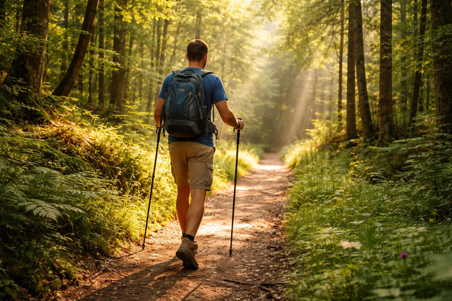 person hiking on nature trail through green forest, active lifestyle, sunlight filtering through trees, healthy outdoor activity